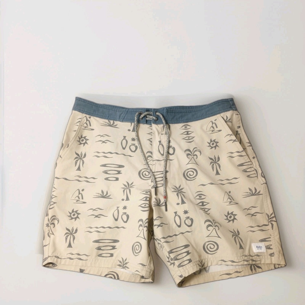 Katin Vincent Hybrid Tiki Board Shorts Swim Trunks Size 33 Biege Beach Resort